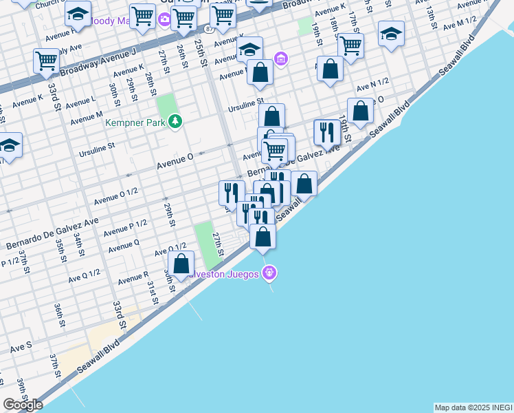 map of restaurants, bars, coffee shops, grocery stores, and more near 2006 25th Street in Galveston