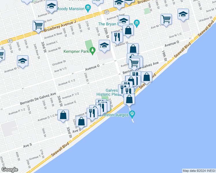 map of restaurants, bars, coffee shops, grocery stores, and more near 1913 27th Street in Galveston
