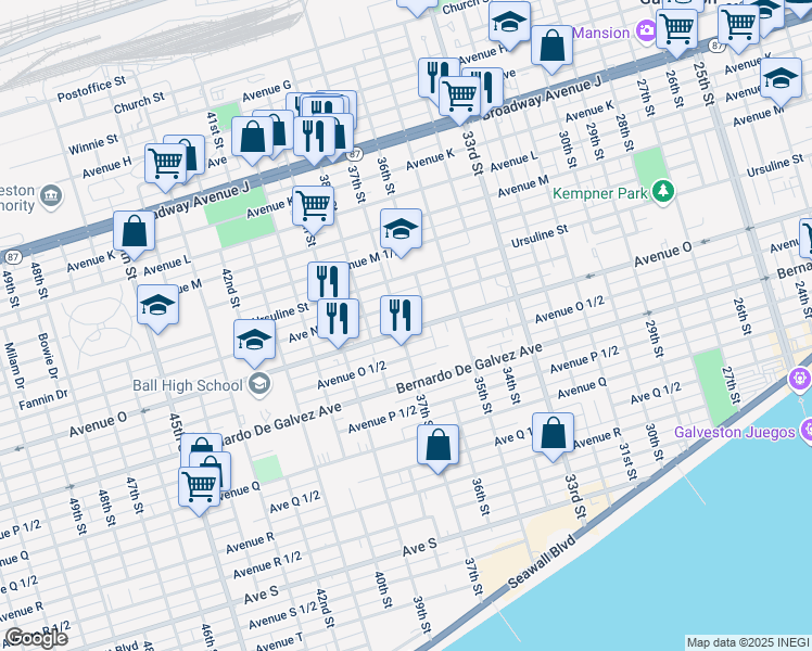 map of restaurants, bars, coffee shops, grocery stores, and more near 1602 37th Street in Galveston