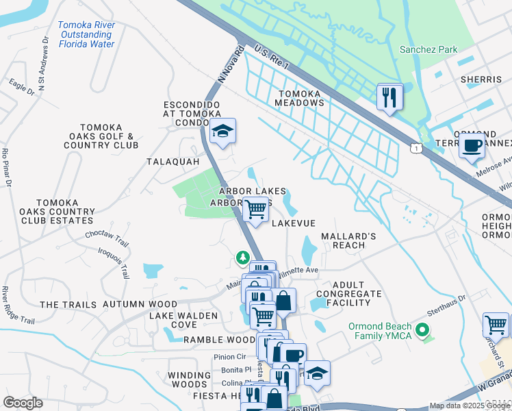 map of restaurants, bars, coffee shops, grocery stores, and more near in Ormond Beach