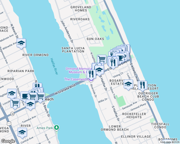 map of restaurants, bars, coffee shops, grocery stores, and more near 1 John Anderson Drive in Ormond Beach