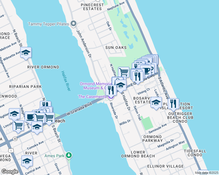 map of restaurants, bars, coffee shops, grocery stores, and more near 1 John Anderson Drive in Ormond Beach