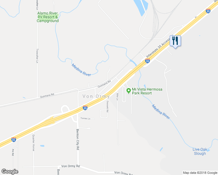 map of restaurants, bars, coffee shops, grocery stores, and more near 13460 Old Quintana Road in Von Ormy