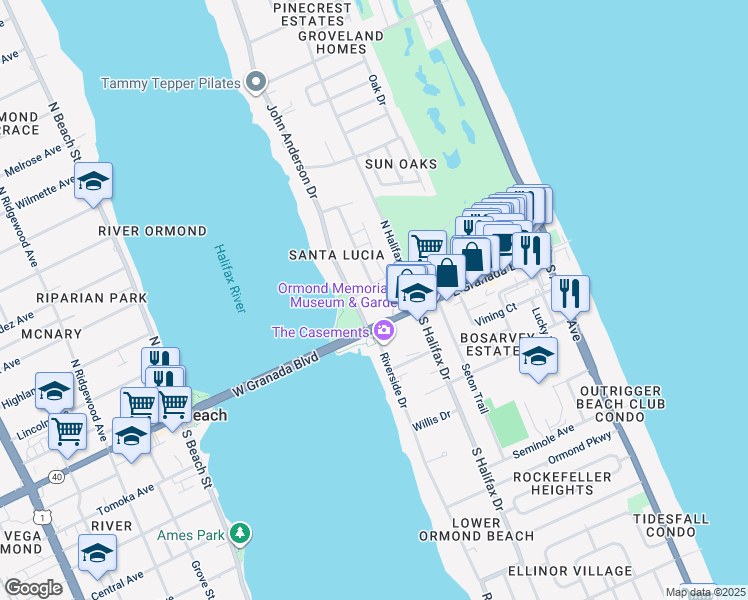 map of restaurants, bars, coffee shops, grocery stores, and more near 45 John Anderson Drive in Ormond Beach