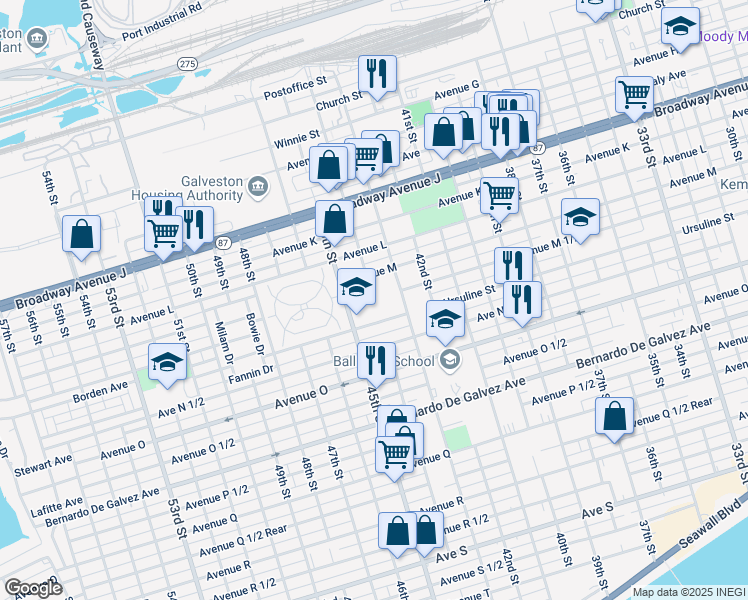 map of restaurants, bars, coffee shops, grocery stores, and more near 4400 Ursuline Street in Galveston