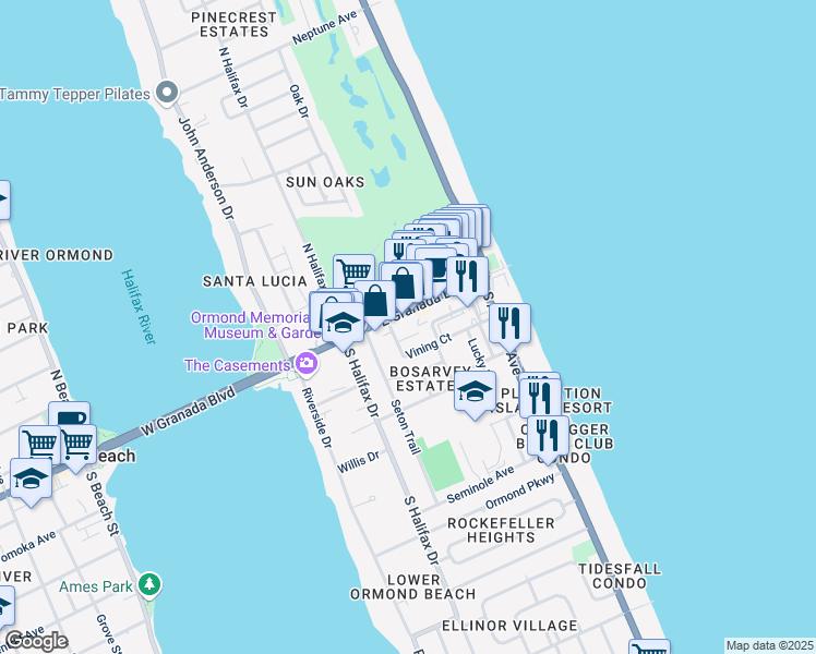 map of restaurants, bars, coffee shops, grocery stores, and more near 128 East Granada Boulevard in Ormond Beach