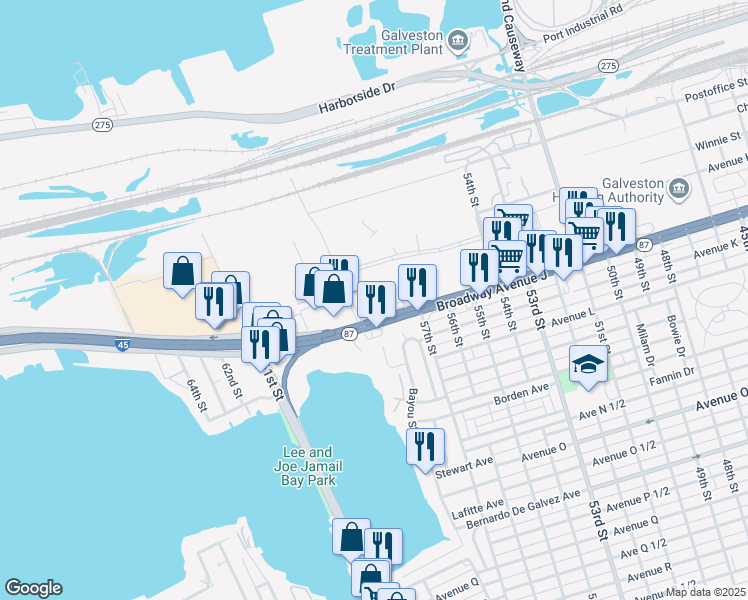 map of restaurants, bars, coffee shops, grocery stores, and more near 5826 Broadway Avenue J in Galveston