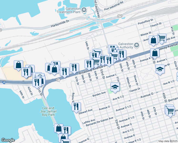 map of restaurants, bars, coffee shops, grocery stores, and more near 5425 State Highway 87 in Galveston