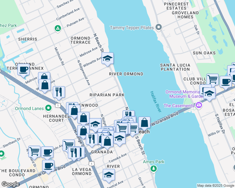 map of restaurants, bars, coffee shops, grocery stores, and more near 178 North Beach Street in Ormond Beach