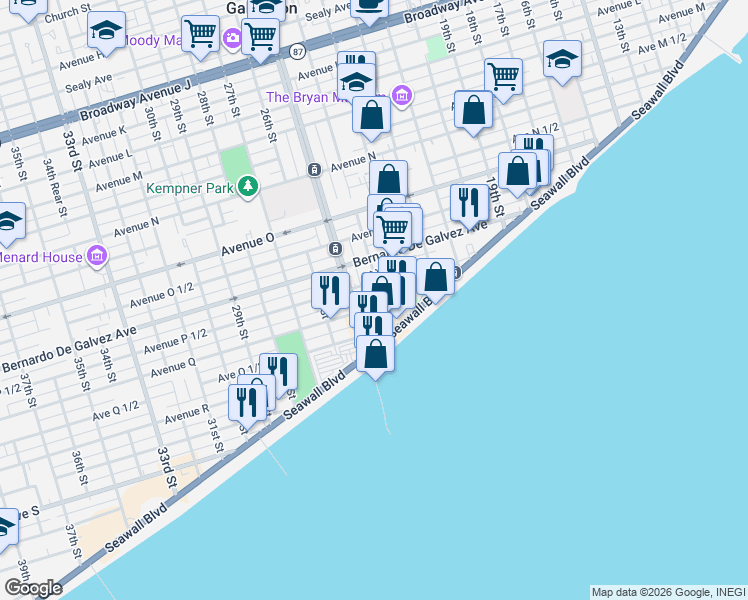 map of restaurants, bars, coffee shops, grocery stores, and more near 2302 Seawall Boulevard in Galveston