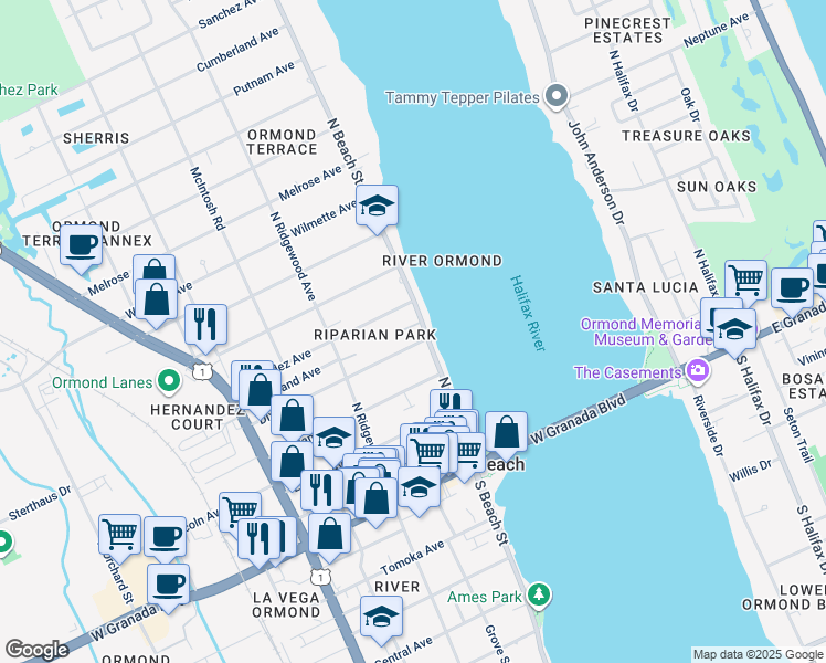 map of restaurants, bars, coffee shops, grocery stores, and more near 178 North Beach Street in Ormond Beach