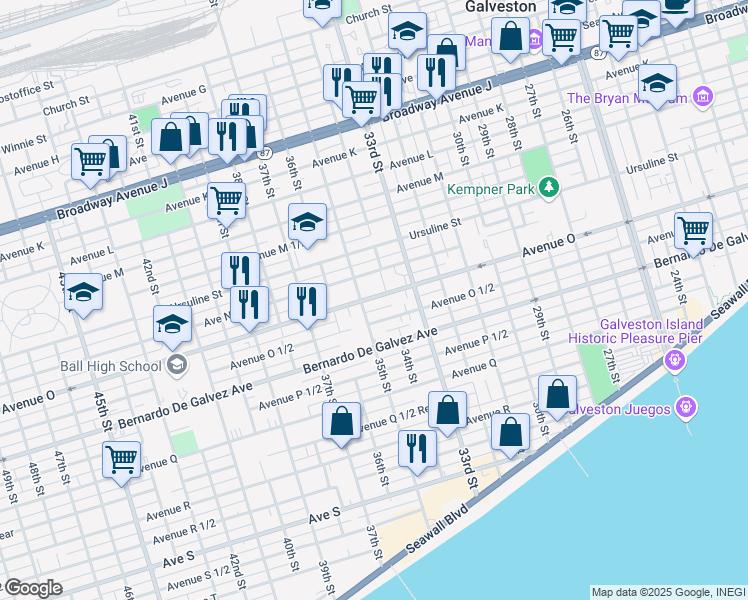 map of restaurants, bars, coffee shops, grocery stores, and more near 3417 Avenue O in Galveston