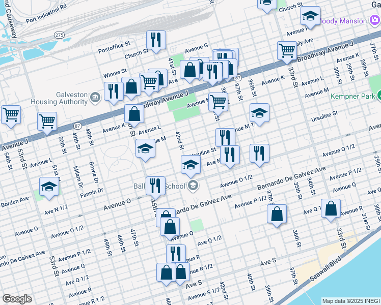 map of restaurants, bars, coffee shops, grocery stores, and more near 4119 1/2 Avenue M in Galveston