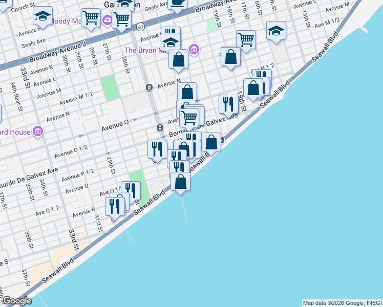 map of restaurants, bars, coffee shops, grocery stores, and more near 2302 Seawall Boulevard in Galveston
