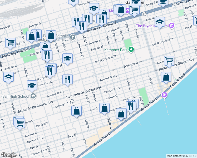 map of restaurants, bars, coffee shops, grocery stores, and more near 3301 Avenue O in Galveston