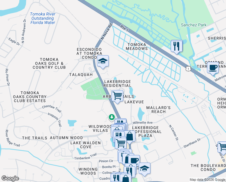 map of restaurants, bars, coffee shops, grocery stores, and more near 22 Oakwood Park in Ormond Beach