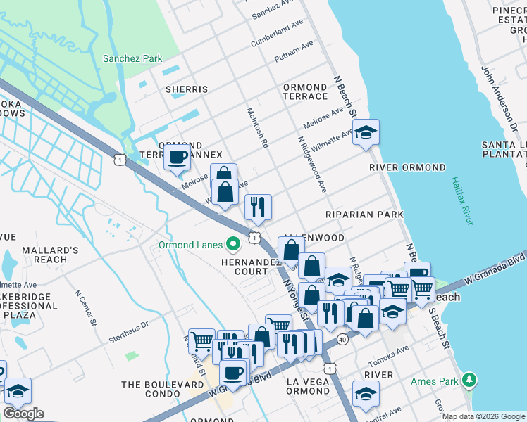 map of restaurants, bars, coffee shops, grocery stores, and more near 290 North Yonge Street in Ormond Beach