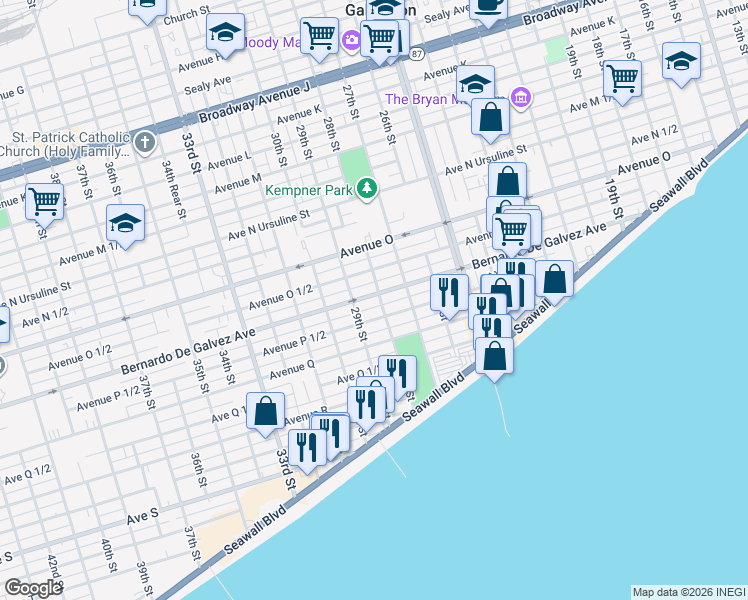 map of restaurants, bars, coffee shops, grocery stores, and more near 2805 Bernardo De Galvez Avenue in Galveston