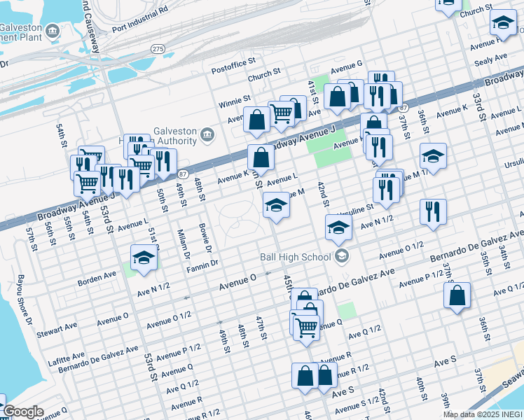 map of restaurants, bars, coffee shops, grocery stores, and more near 6 Cedar Lawn Circle in Galveston