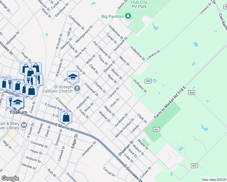 map of restaurants, bars, coffee shops, grocery stores, and more near 612 Lavaca Street in Yoakum