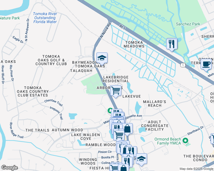 map of restaurants, bars, coffee shops, grocery stores, and more near 22 Oakwood Park in Ormond Beach