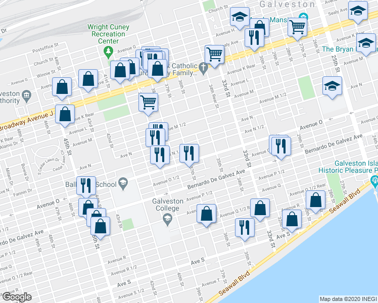 map of restaurants, bars, coffee shops, grocery stores, and more near 1602 37th St in Galveston
