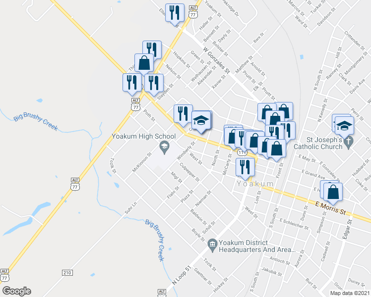 map of restaurants, bars, coffee shops, grocery stores, and more near 114 Wimberly Street in Yoakum