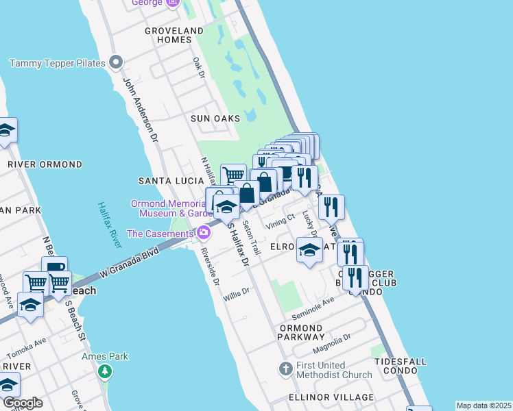 map of restaurants, bars, coffee shops, grocery stores, and more near 128 E Granada Blvd in Ormond Beach