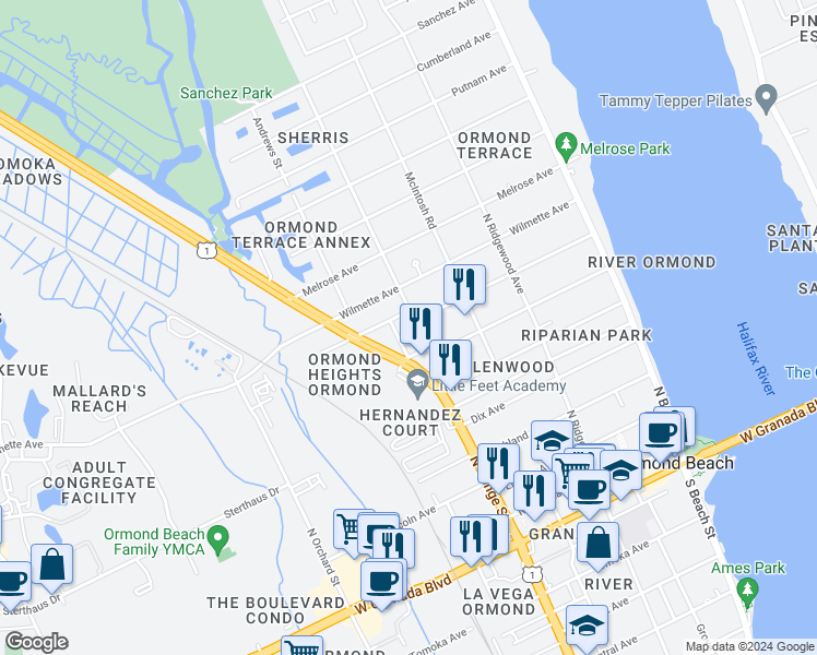 map of restaurants, bars, coffee shops, grocery stores, and more near 290 North Yonge Street in Ormond Beach
