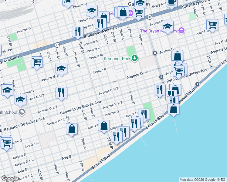 map of restaurants, bars, coffee shops, grocery stores, and more near 3025 1/2 Avenue O in Galveston