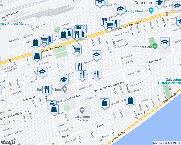 map of restaurants, bars, coffee shops, grocery stores, and more near 3718 Avenue North 1/2 in Galveston