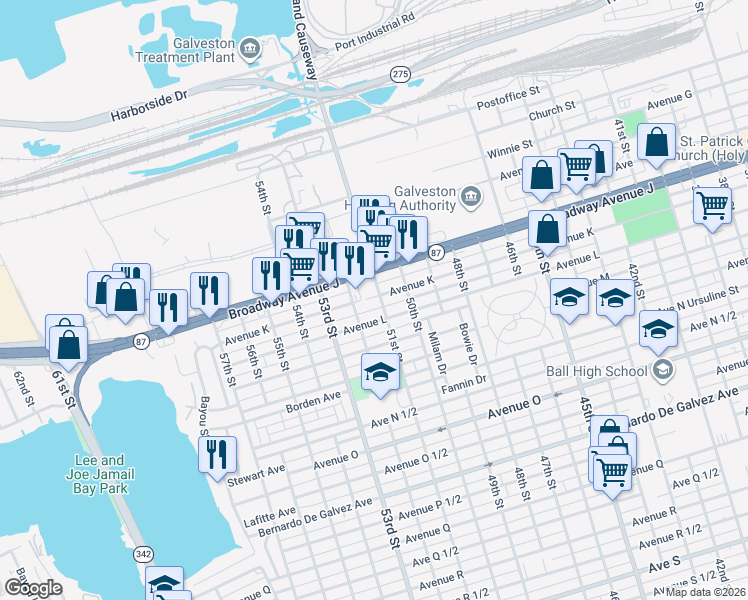 map of restaurants, bars, coffee shops, grocery stores, and more near 4 Windsor Court in Galveston