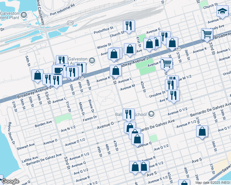 map of restaurants, bars, coffee shops, grocery stores, and more near 6 Cedar Lawn Circle in Galveston