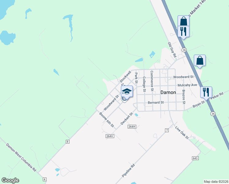 map of restaurants, bars, coffee shops, grocery stores, and more near 3408 3rd Street in Damon
