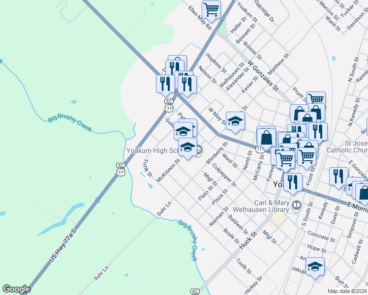 map of restaurants, bars, coffee shops, grocery stores, and more near 103 McKinnon Street in Yoakum