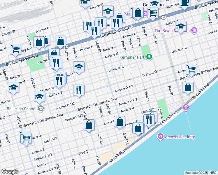 map of restaurants, bars, coffee shops, grocery stores, and more near 3301 Avenue O in Galveston