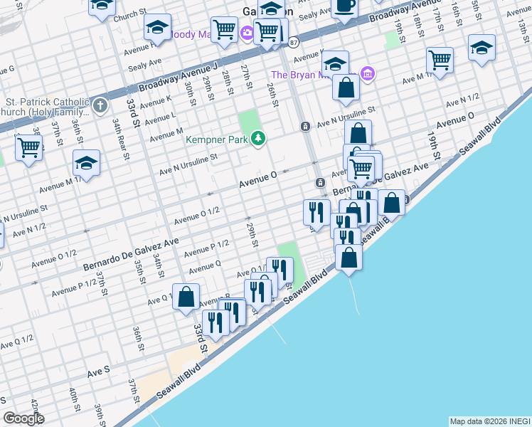 map of restaurants, bars, coffee shops, grocery stores, and more near 2805 Bernardo De Galvez Avenue in Galveston