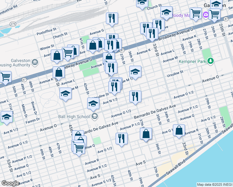 map of restaurants, bars, coffee shops, grocery stores, and more near 1511 39th Street in Galveston
