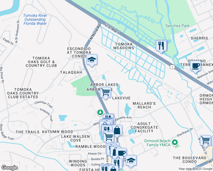 map of restaurants, bars, coffee shops, grocery stores, and more near 17 Arbor Lake Park in Ormond Beach