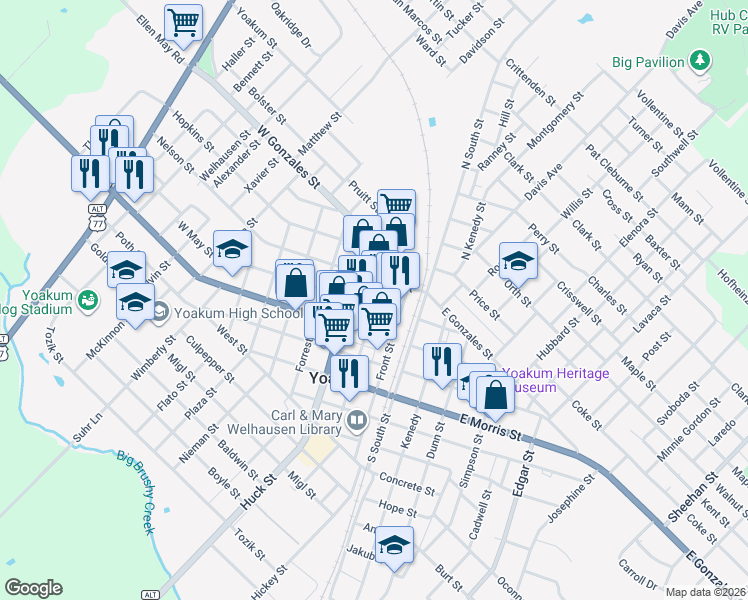 map of restaurants, bars, coffee shops, grocery stores, and more near 213 West May Street in Yoakum