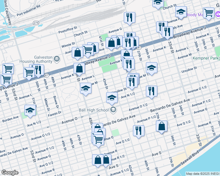 map of restaurants, bars, coffee shops, grocery stores, and more near 4119 1/2 Avenue M in Galveston