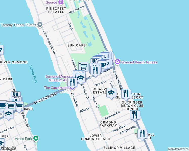 map of restaurants, bars, coffee shops, grocery stores, and more near 128 East Granada Boulevard in Ormond Beach