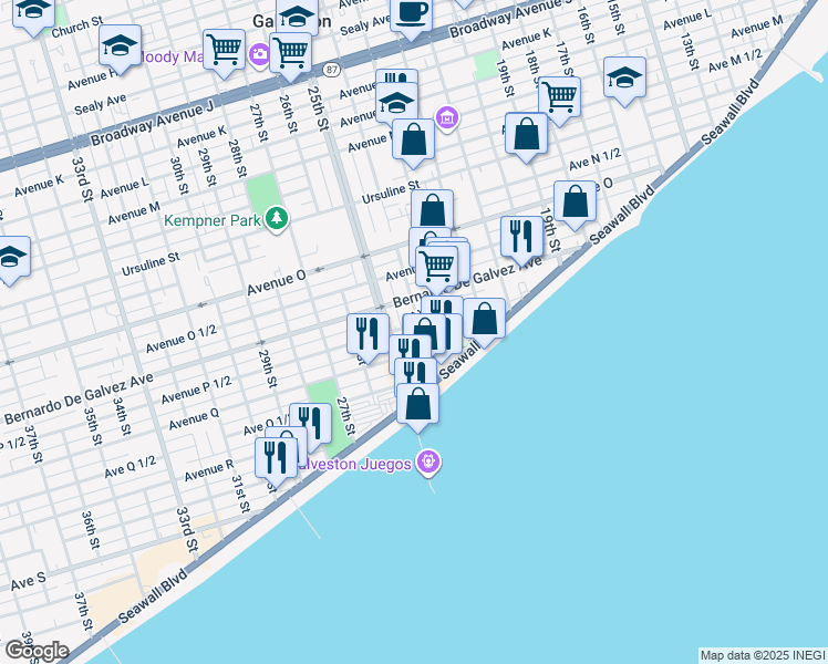 map of restaurants, bars, coffee shops, grocery stores, and more near 2006 25th Street in Galveston