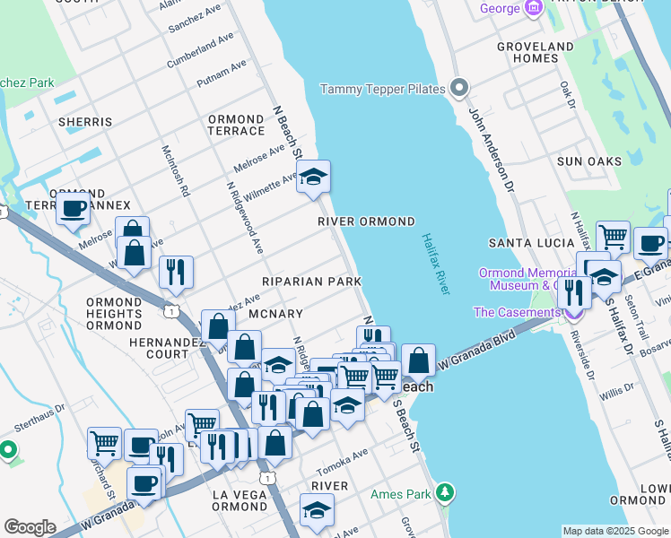 map of restaurants, bars, coffee shops, grocery stores, and more near 16 Hernandez Avenue in Ormond Beach