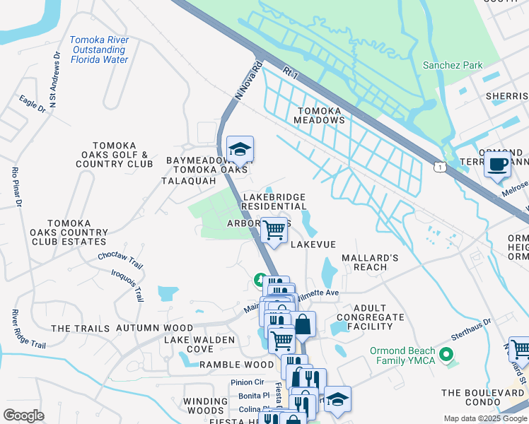 map of restaurants, bars, coffee shops, grocery stores, and more near 22 Oakwood Park in Ormond Beach