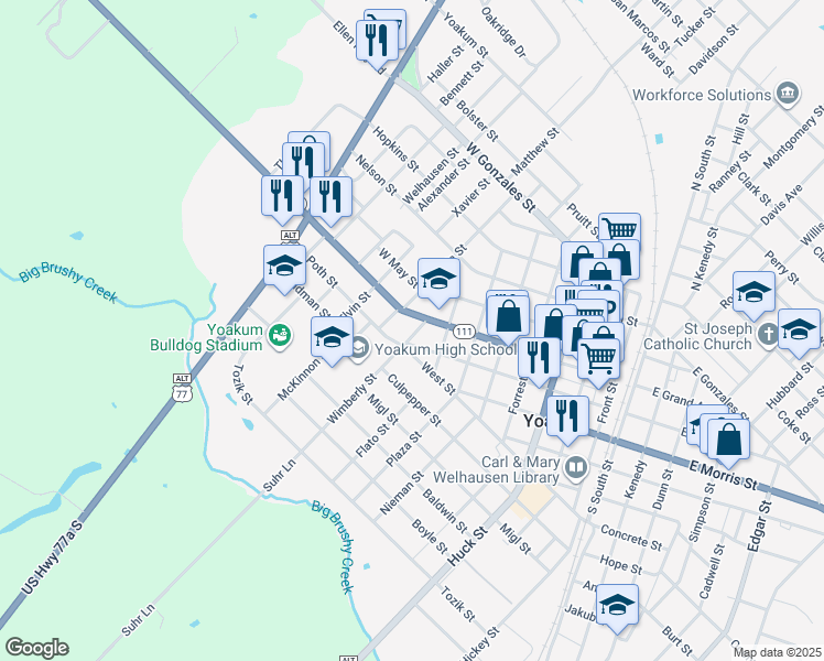 map of restaurants, bars, coffee shops, grocery stores, and more near 114 Wimberly Street in Yoakum