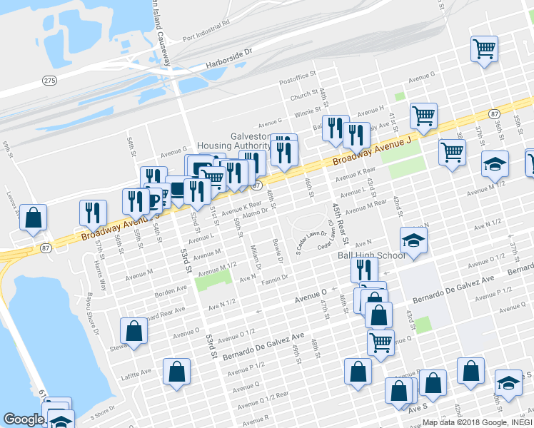 map of restaurants, bars, coffee shops, grocery stores, and more near 4809 Alamo Drive in Galveston