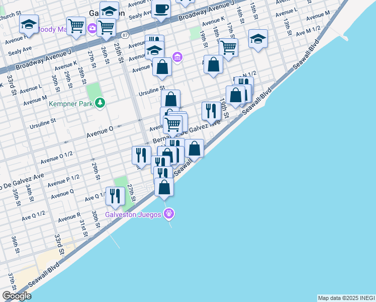 map of restaurants, bars, coffee shops, grocery stores, and more near 2228 Seawall Boulevard in Galveston