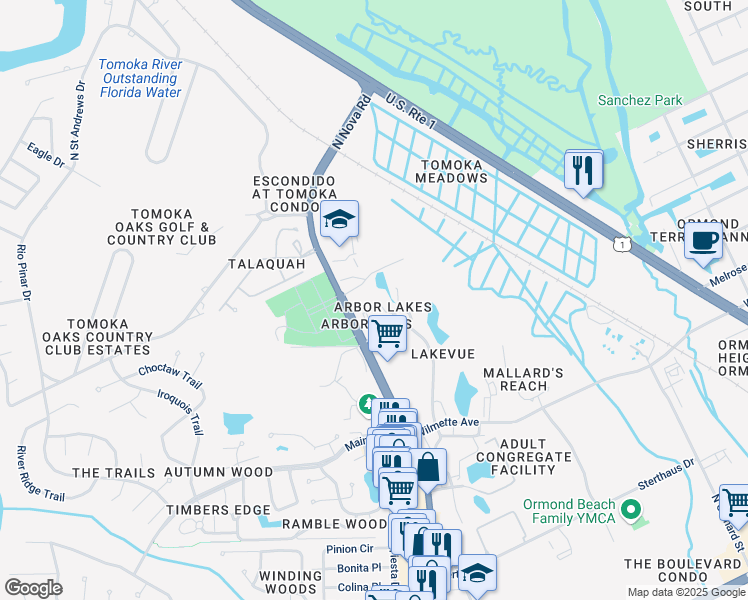 map of restaurants, bars, coffee shops, grocery stores, and more near 22 Oakwood Park in Ormond Beach