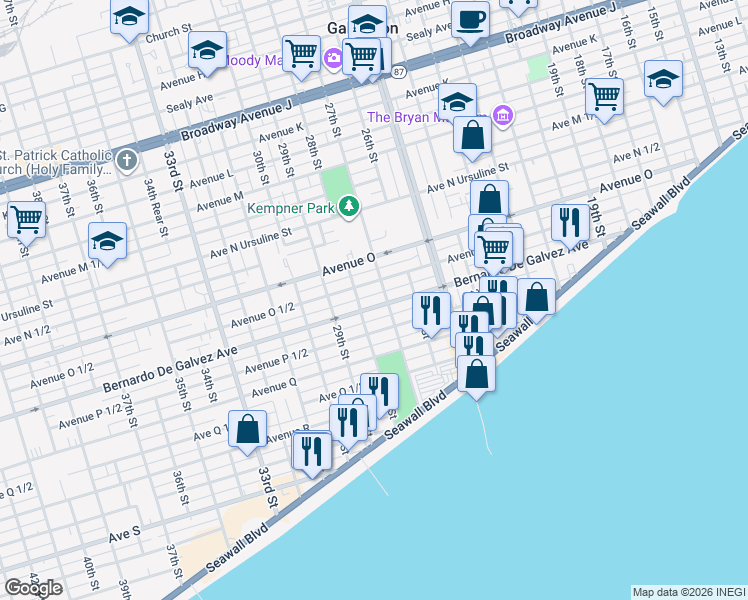 map of restaurants, bars, coffee shops, grocery stores, and more near 2710 Bernardo De Galvez Avenue in Galveston